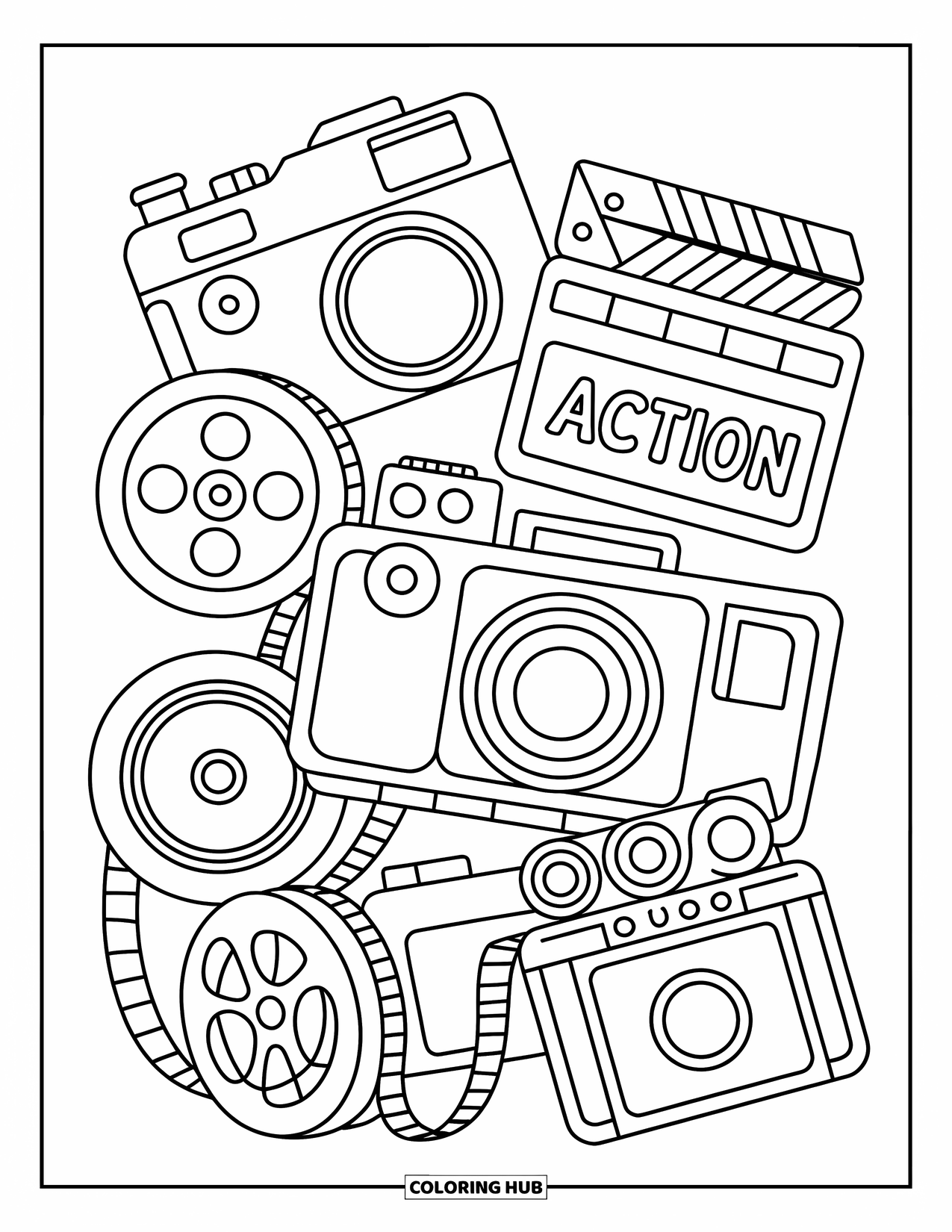 Pattern Coloring Page for Kids: Vintage cameras, film reels, and clapperboards mix in a fun, classic movie-themed layout