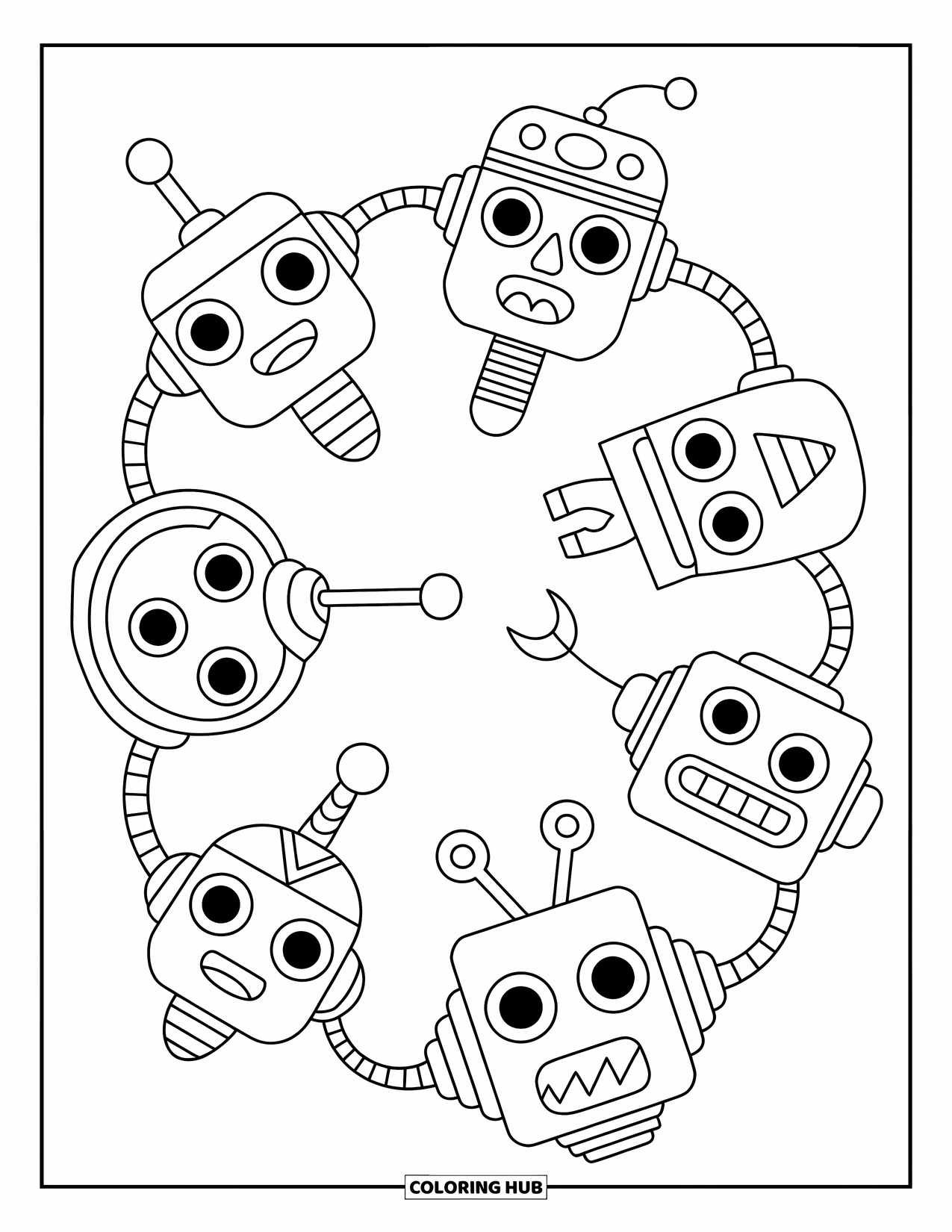 Pattern Coloring Page for Kids: Whimsical robot faces with quirky shapes form a playful mechanical ring