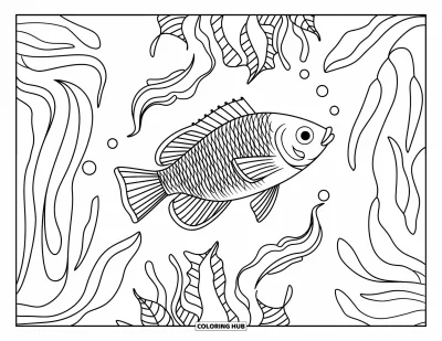 Desenho de animais de estimação para colorir para adultos: Um peixe-betta desliza entre plantas abstratas e marcantes em uma cena decorativa