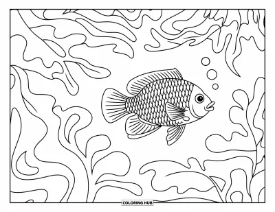 Desenho de animais de estimação para colorir para adultos: Um peixe-betta nada entre plantas em espiral e padrões subaquáticos detalhados