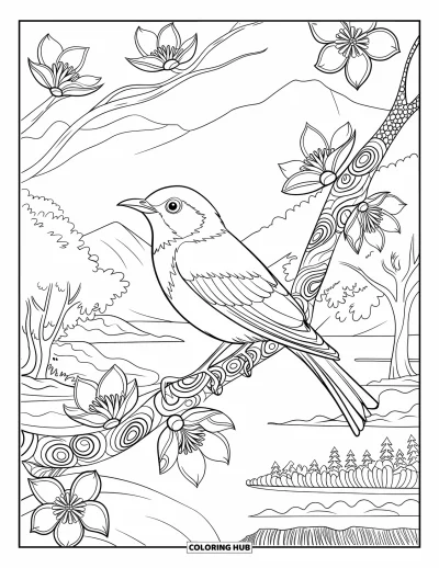 Desenho de animais de estimação para colorir para adultos: Um pássaro pousa em um galho decorado cercado por flores e árvores