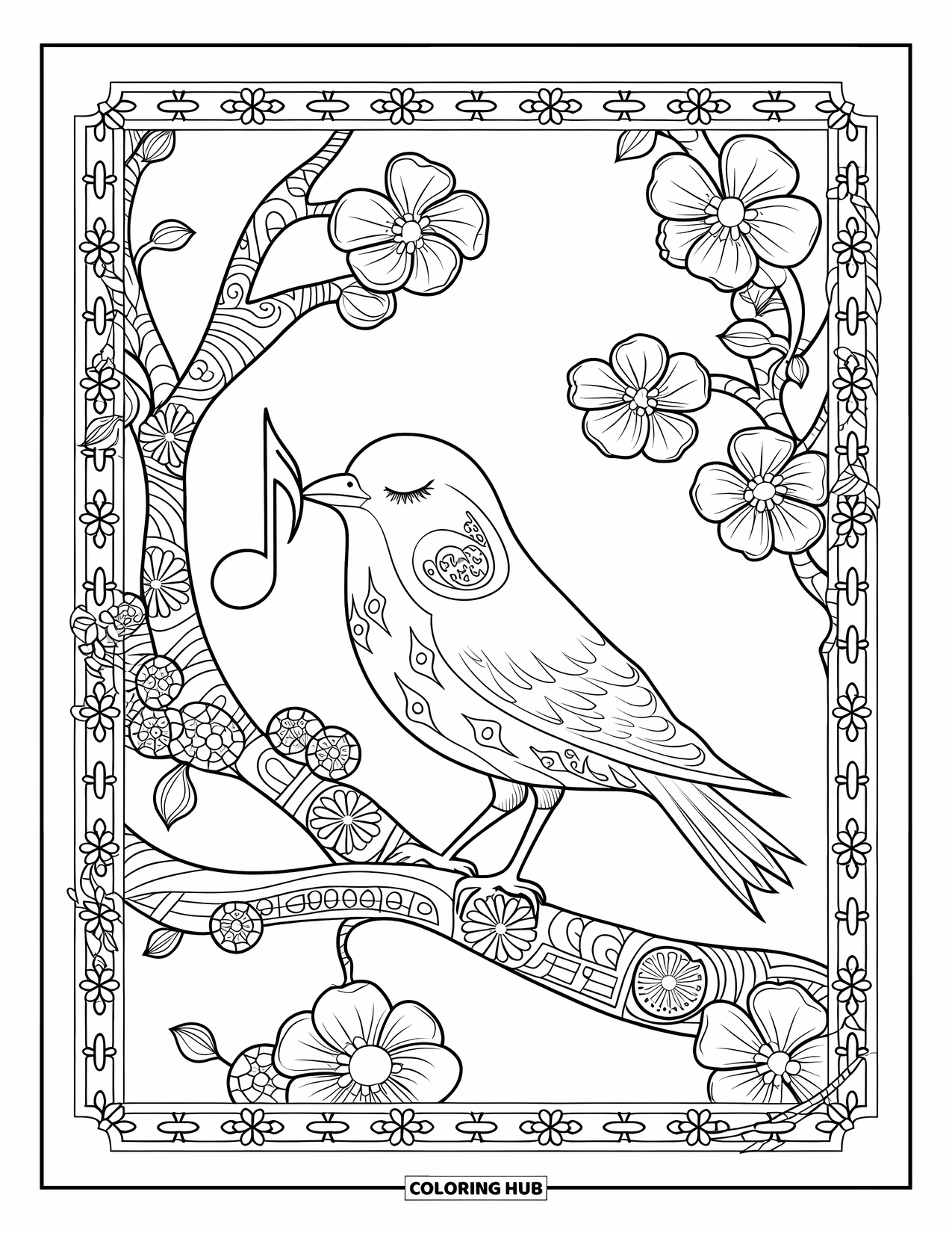 Pet Coloring Page for Adults: A bird sings while perched on a flowered branch with a patterned border