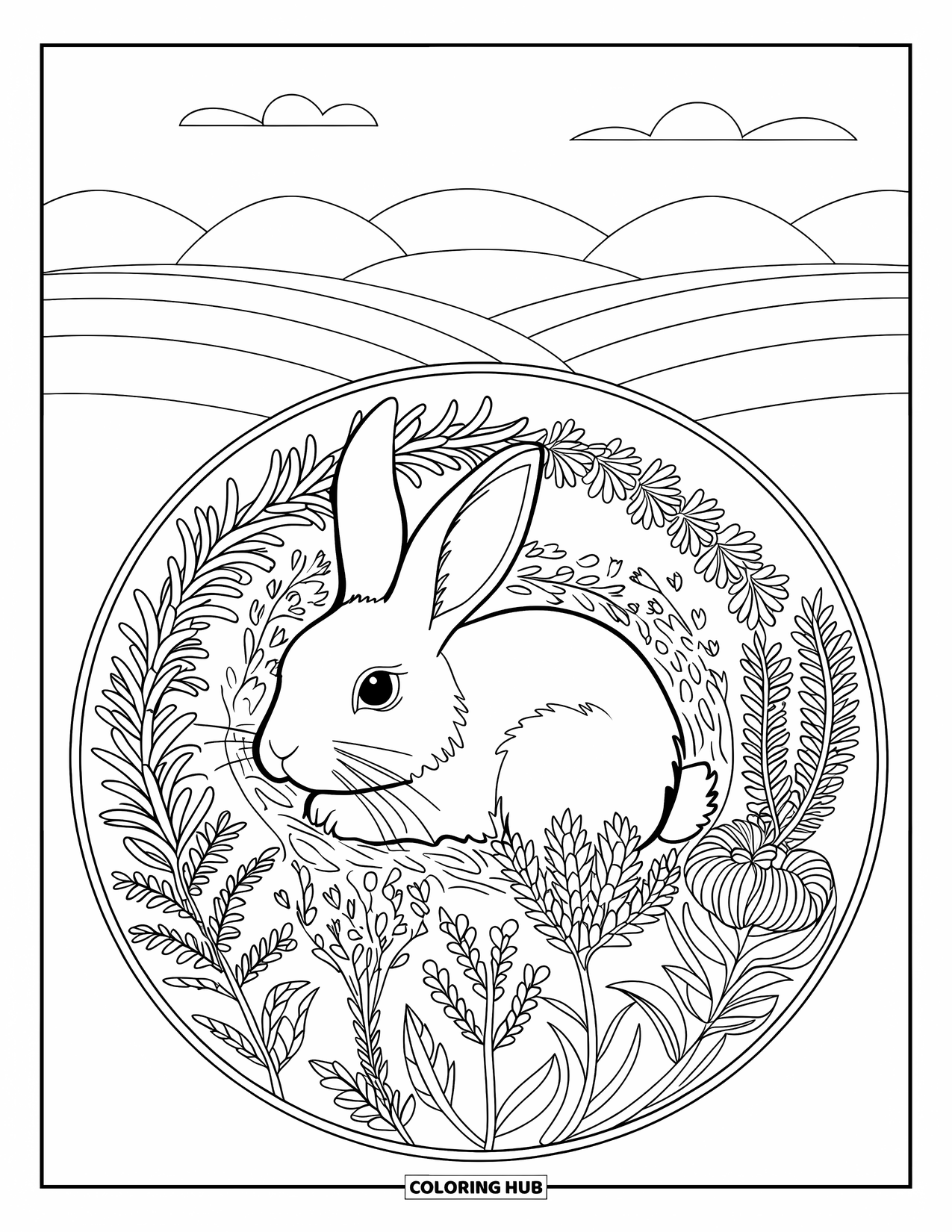 Pet Coloring Page for Adults: A bunny cuddles among swirling herbs with hills in the distance