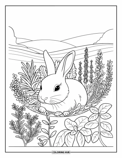 Desenho de animais de estimação para colorir para adultos: Um coelho se aninha entre ervas estampadas em um jardim sereno