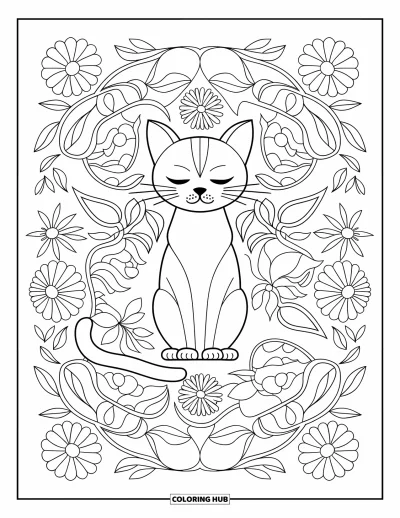 Desenho de animais de estimação para colorir para adultos: Um gato calmo relaxa entre mandalas florais em espiral e vinhas