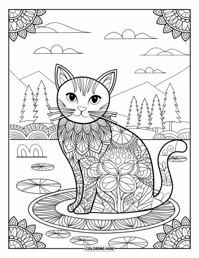 Desenho de animais de estimação para colorir para adultos: Um gato senta sobre uma vitória-régia com flores e padrões de mandala ao redor