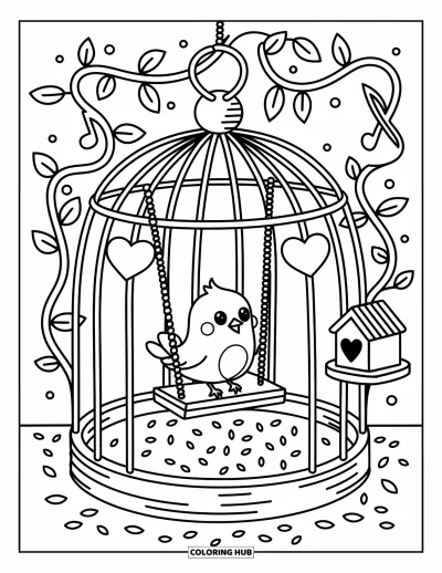 Desenho de animais de estimação para colorir para adultos: Um pássaro alegre balança em uma gaiola em formato de coração com sementes e notas musicais flutuando