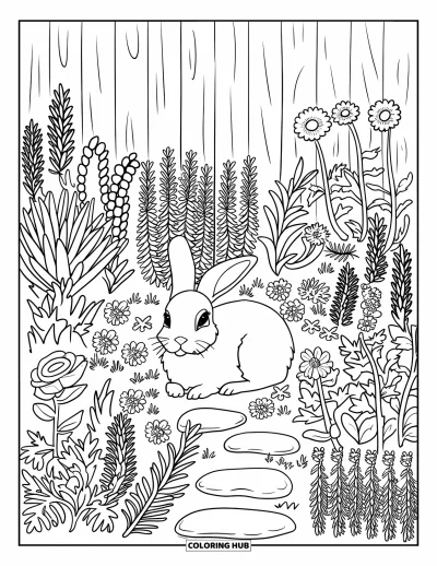 Desenho de animais de estimação para colorir para adultos: Um coelho satisfeito senta sobre uma pedra rodeado de ervas e flores