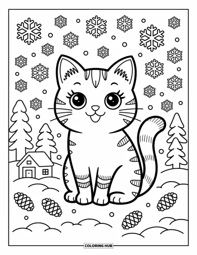 Desenho de animais de estimação para colorir para adultos: Um gato relaxado descansa em uma cena nevada cheia de pinhas e casinhas pequenas