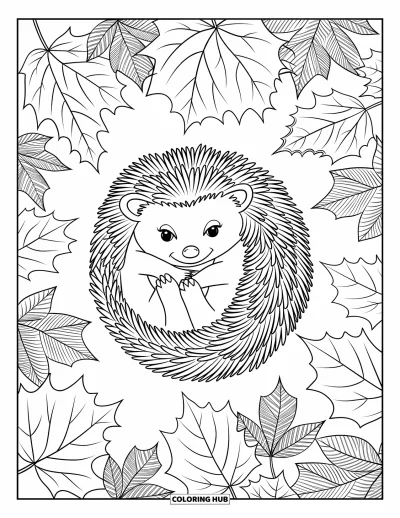 Desenho de animais de estimação para colorir para adultos: Um ouriço aconchegante descansa no centro de folhas outono estampadas