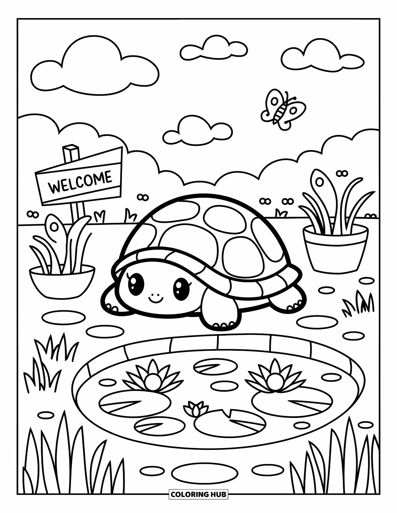 Pet Coloring Page for Adults: A cozy turtle rests by a pond with flowers, signs, and a butterfly