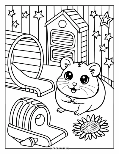 Desenho de animais de estimação para colorir para adultos: Um hamster curioso brinca em um parquinho pequenininho com estrelas e sementes de girassol