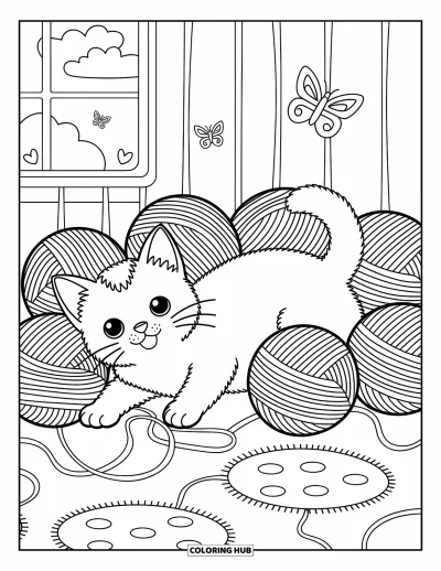 Desenho de animais de estimação para colorir para adultos: Um gatinho fofo brinca com lã ao lado de uma janela e um tapete macio
