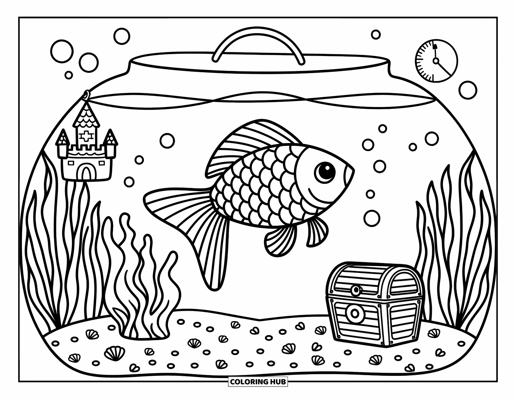 Pet Coloring Page for Adults: A goldfish swims past a castle and treasure chest in a bubbly aquarium