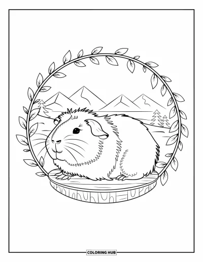 Desenho de animais de estimação para colorir para adultos: Um porquinho-da-índia senta tranquilo dentro de um círculo com moldura de vinhas e natureza ao fundo