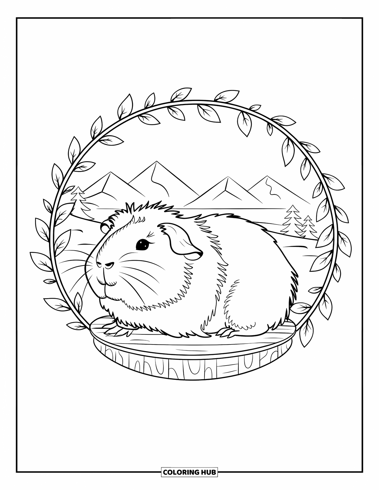 Pet Coloring Page for Adults: A guinea pig sits calmly inside a vine-framed circle with nature behind