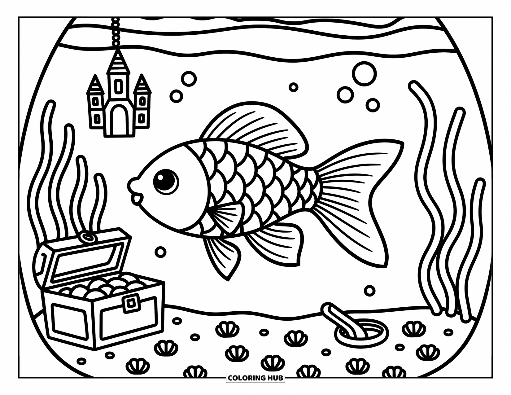 Pet Coloring Page for Adults: A happy goldfish glides through an aquarium filled with seaweed and tiny decorations