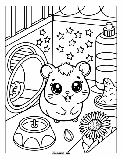Desenho de animais de estimação para colorir para adultos: Um hamster feliz brinca ao lado de uma semente de girassol num parquinho decorado com estrelas