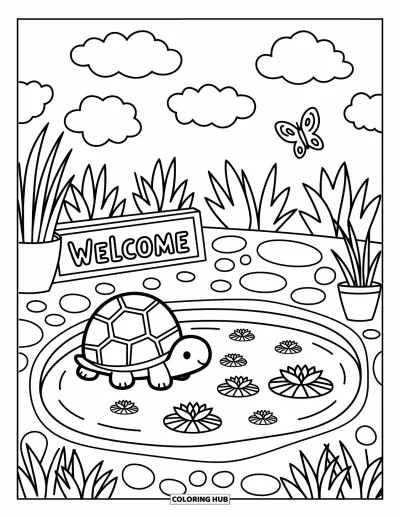 Desenho de animais de estimação para colorir para adultos: Uma tartaruga feliz descansa perto de um lago com uma placa de boas-vindas e nuvens suaves