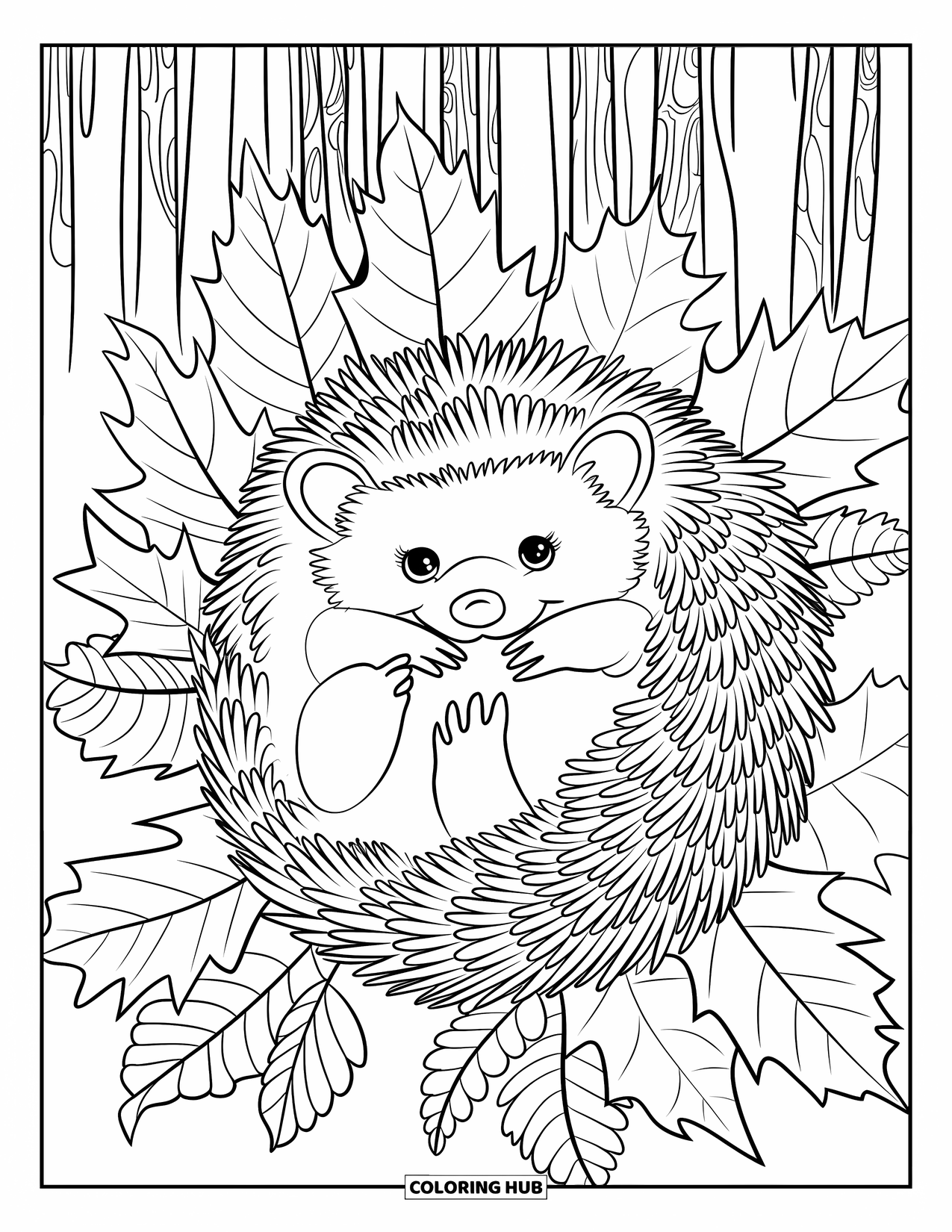 Pet Coloring Page for Adults: A hedgehog curls up in a bed of swirling autumn leaves