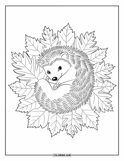 Desenho de animais de estimação para colorir para adultos: Um ouriço se aconchega entre folhas detalhadas em um design outonal elegante