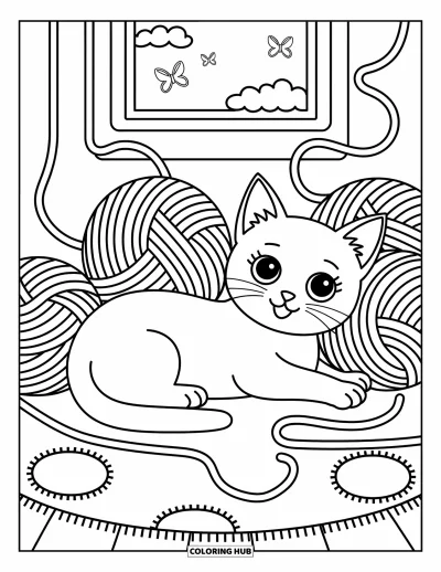 Desenho de animais de estimação para colorir para adultos: Um gatinho brinca com novelos de lã enquanto borboletas esvoaçam perto de uma janelinha