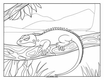 Desenho de animais de estimação para colorir para adultos: Um lagarto cochila em um galho espiralado acima de montanhas e água
