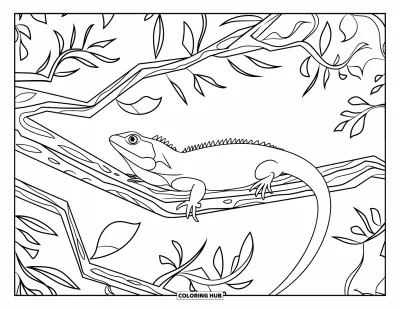 Desenho de animais de estimação para colorir para adultos: Um lagarto repousa em um galho cercado por folhas estampadas e texturas detalhadas
