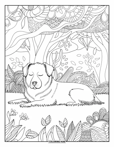 Desenho de animais de estimação para colorir para adultos: Um cachorro tranquilo dorme sob uma árvore cercado por padrões de folhas