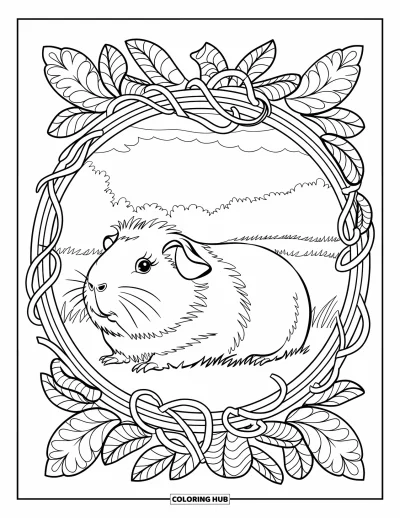 Desenho de animais de estimação para colorir para adultos: Um porquinho-da-índia sereno senta na grama cercado por vinhas e árvores estampadas