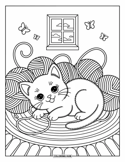 Desenho de animais de estimação para colorir para adultos: Um gatinho brincalhão deita na lã enquanto borboletas flutuam perto de uma janela acolhedora