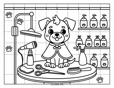 Desenho de animais de estimação para colorir para adultos: Um filhotinho animado senta para ser banhado, cercado por pequenos acessórios e detalhes fofos de patinhas