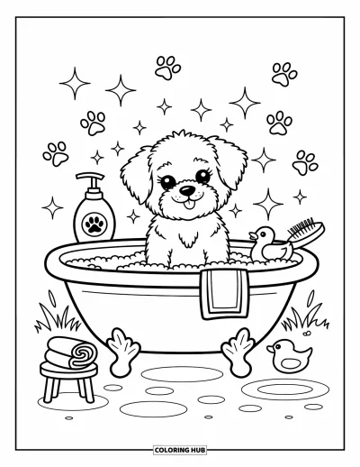 Desenho de animais de estimação para colorir para adultos: Um filhotinho senta em uma banheira cheia de espuma com um patinho e pequenos acessórios de banho
