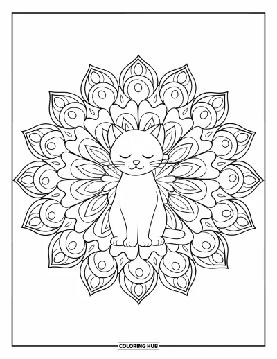 Desenho de animais de estimação para colorir para adultos: Um gato sereno senta no centro de redemoinhos de flores e folhas