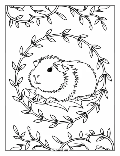 Desenho de animais de estimação para colorir para adultos: Um porquinho-da-índia tranquilo repousa sobre uma folha dentro de uma moldura circular de vinhas