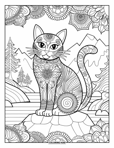 Desenho de animais de estimação para colorir para adultos: Um gato tranquilo descansa sobre uma pedra cercado por padrões de mandala floral