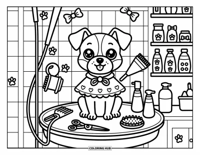 Desenho de animais de estimação para colorir para adultos: Um cachorrinho senta sobre uma mesa de banho cercado por ferramentinhas fofas e pegadas decorativas