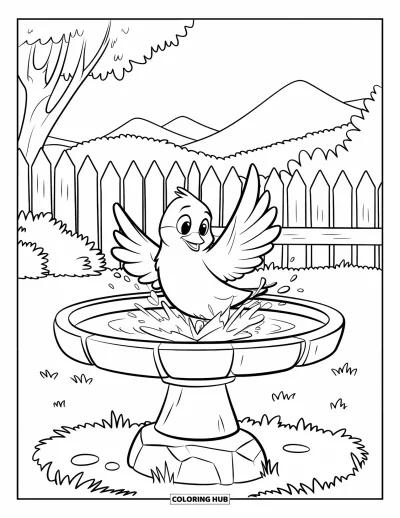 Desenho de animais de estimação para colorir para crianças: Um pássaro bate as asas em um bebedouro de pedra num quintal tranquilo