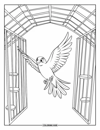 Desenho de animais de estimação para colorir para crianças: Um pássaro voa em direção ao seu poleiro em um aviário aberto
