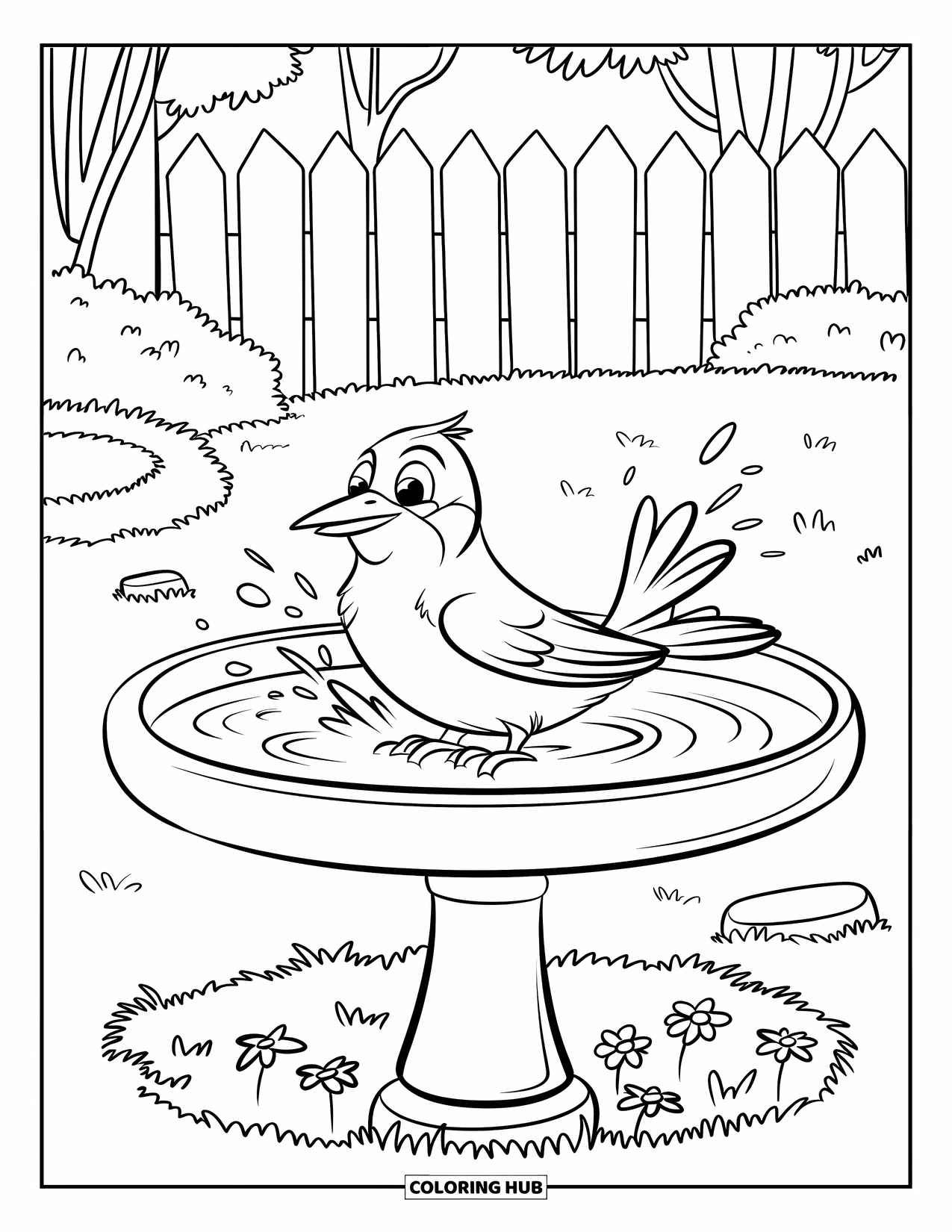 Pet Coloring Page for Kids: A bird splashes playfully in a birdbath surrounded by flowers and grass