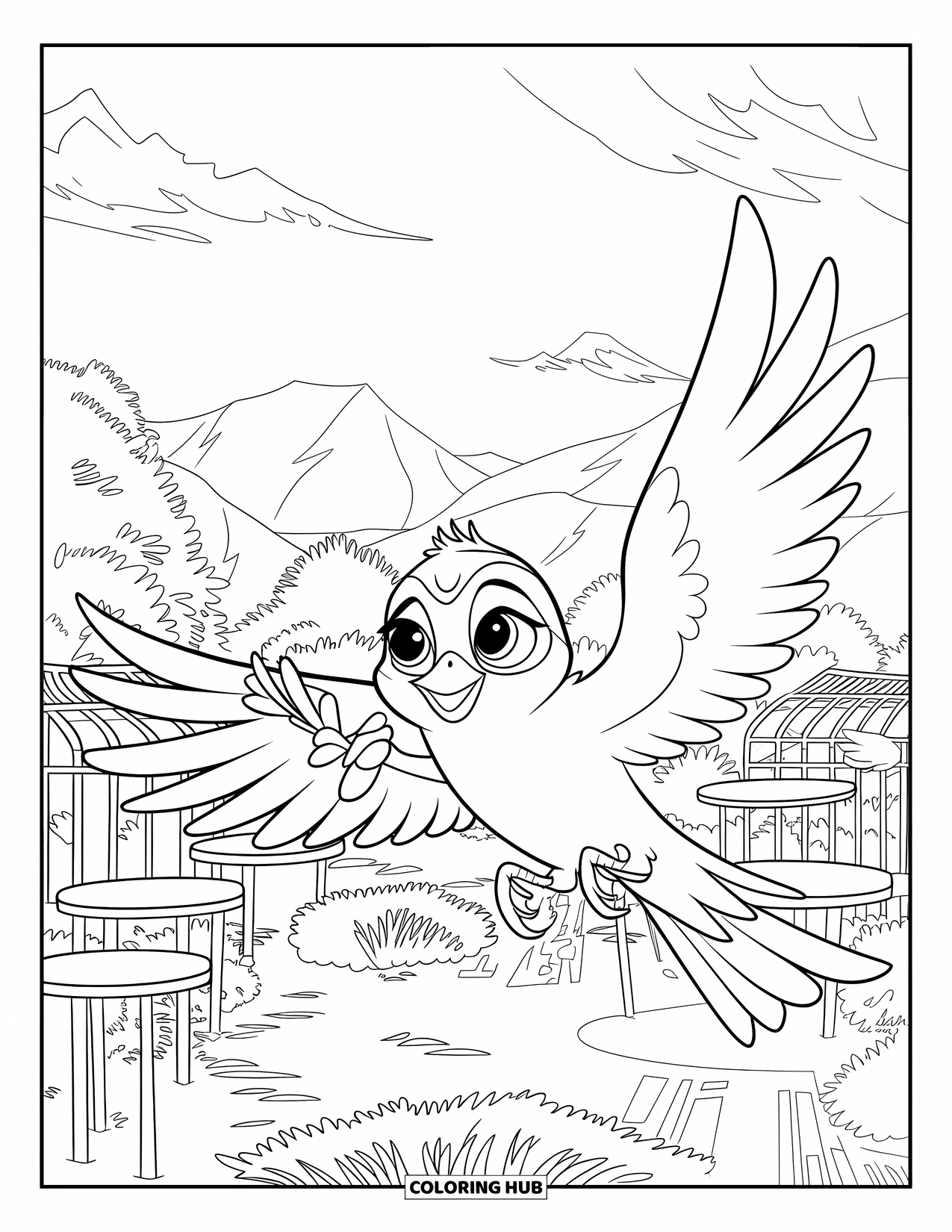 Pet Coloring Page for Kids: A bright-eyed bird carries a branch as it returns to its perch