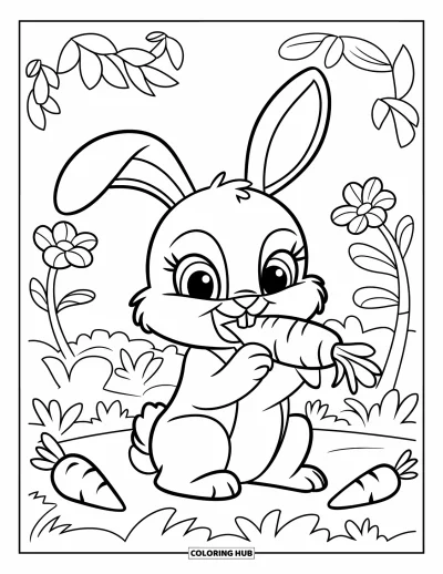 Desenho de animais de estimação para colorir para crianças: Um coelhinho aprecia uma cenoura sentado entre flores e folhas
