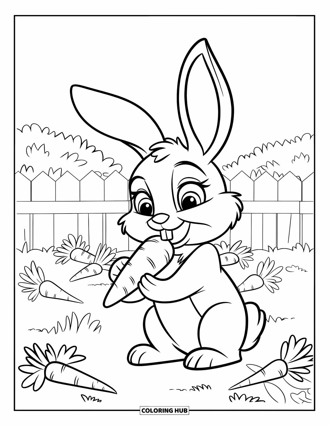 Pet Coloring Page for Kids: A bunny with big eyes munches a carrot in a sunny garden