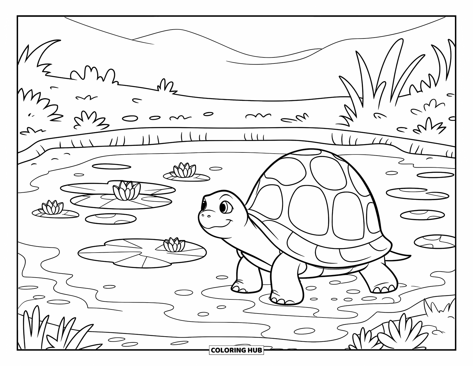 Pet Coloring Page for Kids: A calm turtle walks along a pond surrounded by nature