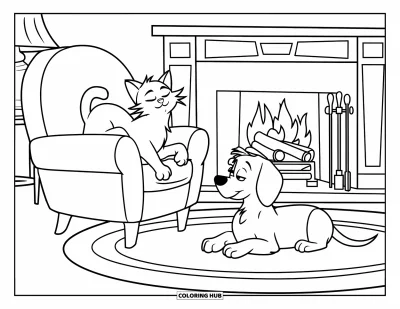 Desenho de animais de estimação para colorir para crianças: Um gato cochila em uma cadeira enquanto um cachorro descansa perto da lareira quentinha