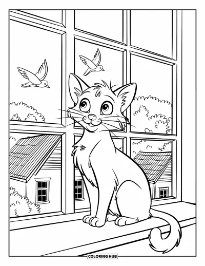 Desenho de animais de estimação para colorir para crianças: Um gato olha pela janela observando os pássaros voarem
