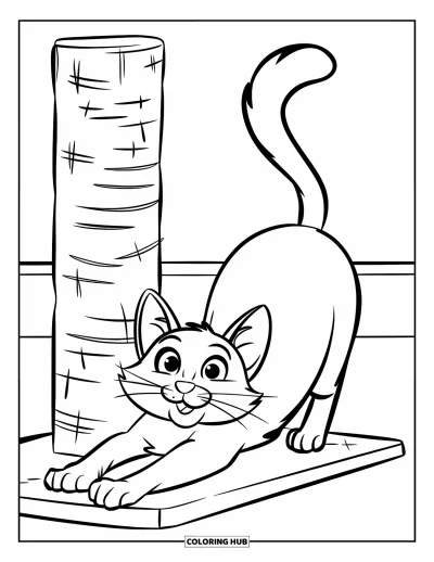 Desenho de animais de estimação para colorir para crianças: Um gato se espreguiça ao lado de um arranhador bem usado