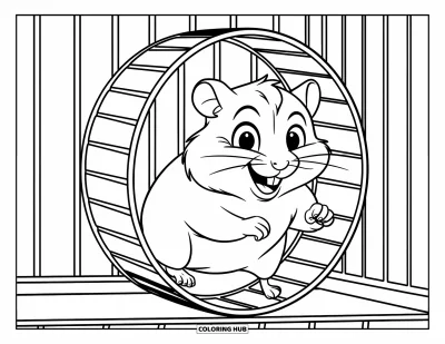 Desenho de animais de estimação para colorir para crianças: Um hamster alegre corre em círculos na rodinha da gaiola