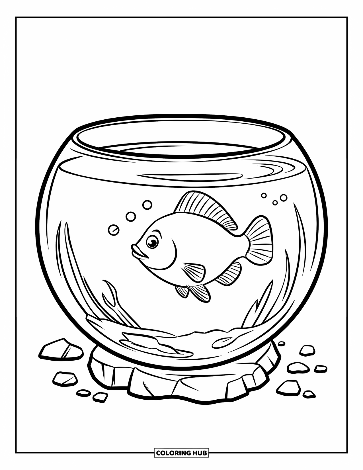 Pet Coloring Page for Kids: A chubby fish swims alone in a bowl on a rocky base