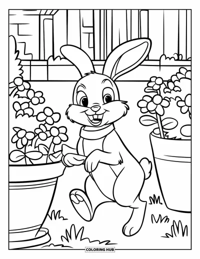 Desenho de animais de estimação para colorir para crianças: Um coelhinho com coleira pula ao lado de vasos de flores em um jardim ensolarado